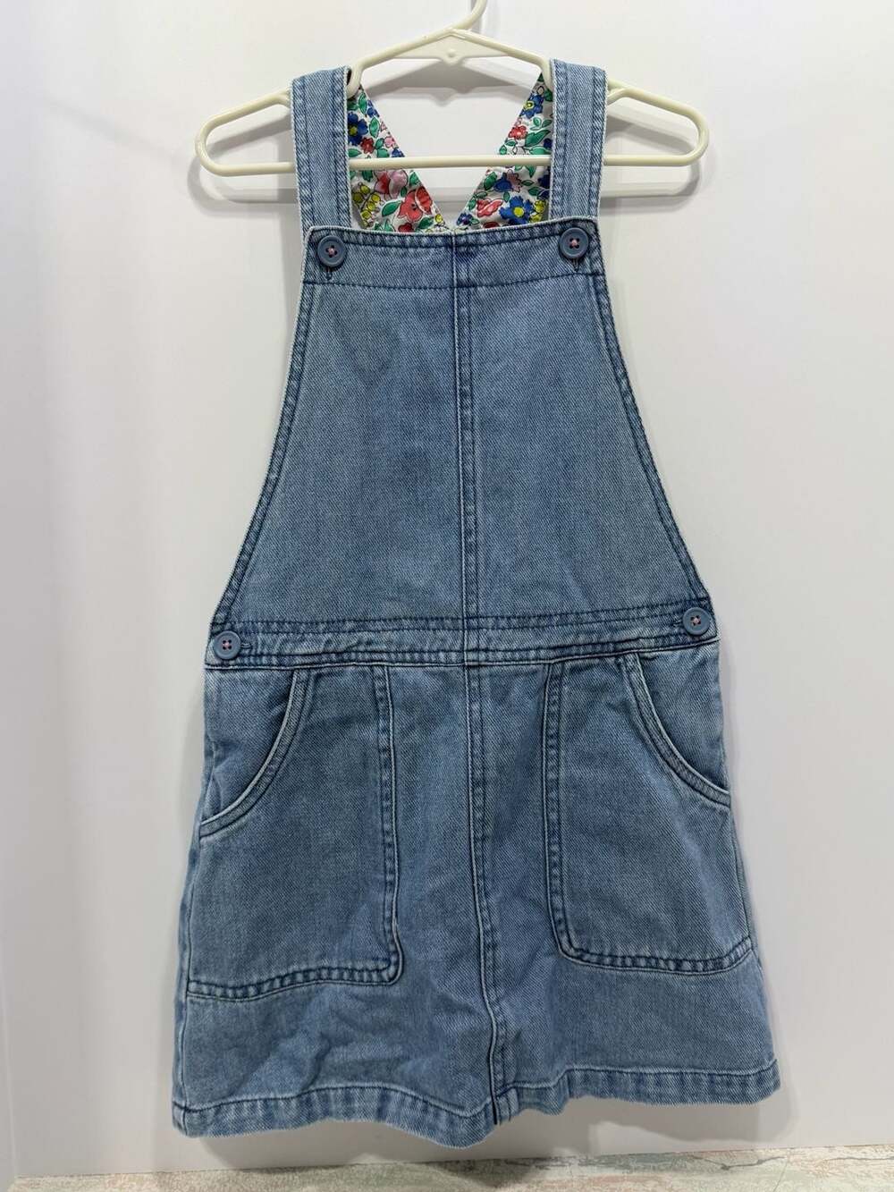 Mini Boden Denim Jumper Dress Size 7-8Y Floral Lining Blue Pinafore